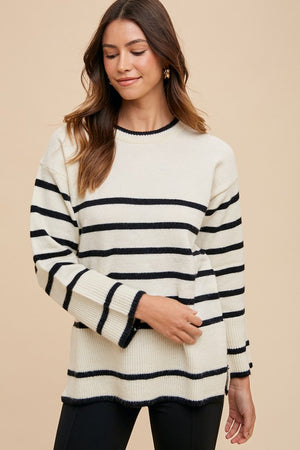 Annie Wear Side Slit Striped Round Neck Sweater - SaltTree