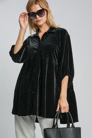 Umgee Full Size Polka Dot Button Up Half Sleeve Shirt - SaltTree