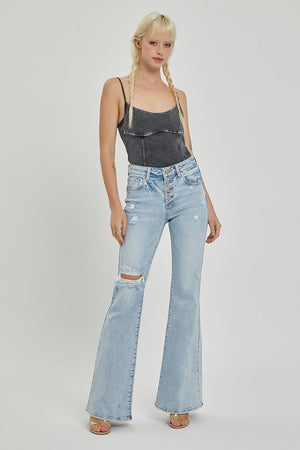 Risen Jeans - Mid Rise Button Down Flare Jeans - RDP5415L - SaltTree