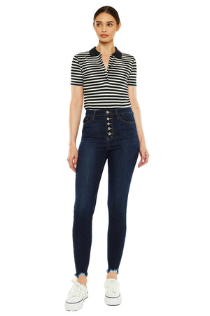 Kancan - Women's High Rise Button Fly Distressed Super Skinny Jeans - kc7273 ST - SaltTree