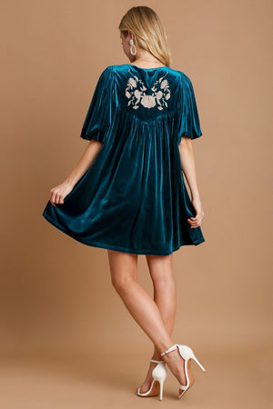 Umgee Embroidered Half Sleeve Velvet Mini Dress with Tassel - SaltTree