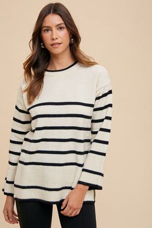 Annie Wear Side Slit Striped Round Neck Sweater - SaltTree
