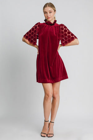 Umgee Dotted Lace Half Sleeve Mock Neck Back Tie Velvet Dress - SaltTree