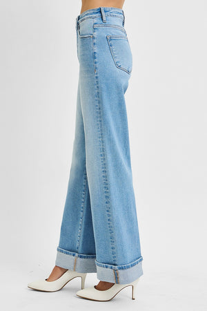 Risen Jeans - Tummy Control High Rise Cuffed Wide Jeans - PW21046 - SaltTree