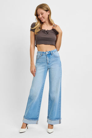 Risen Jeans - Tummy Control High Rise Cuffed Wide Jeans - PW21046 - SaltTree