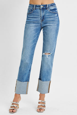 Risen Jeans - High Rise Wide Cuffed Straight Jeans - RDP5484 - SaltTree
