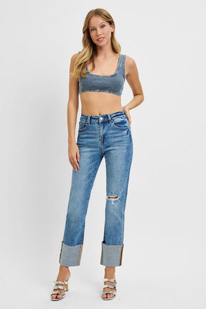 Risen Jeans - High Rise Wide Cuffed Straight Jeans - RDP5484 - SaltTree