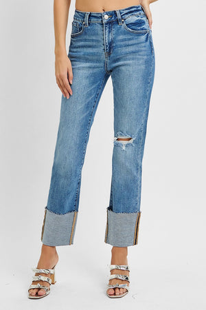 Risen Jeans - High Rise Wide Cuffed Straight Jeans - RDP5484 - SaltTree