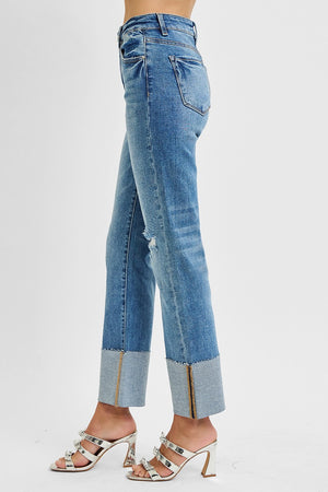 Risen Jeans - High Rise Wide Cuffed Straight Jeans - RDP5484 - SaltTree