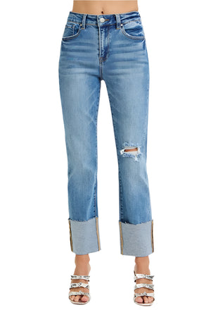 Risen Jeans - High Rise Wide Cuffed Straight Jeans - RDP5484 - SaltTree