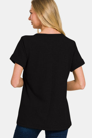 Zenana Notched Short Sleeve Waffle T-Shirt - SaltTree