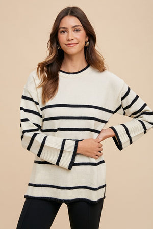 Annie Wear Side Slit Striped Round Neck Sweater - SaltTree