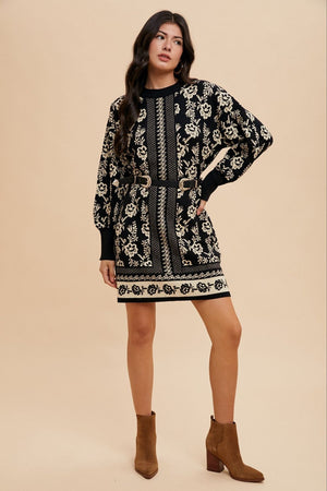 Annie Wear Floral Jacquard Round Neck Sweater Dress - SaltTree