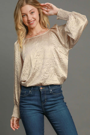 Umgee Wrinkled Round Neck Lantern Sleeve Blouse - SaltTree