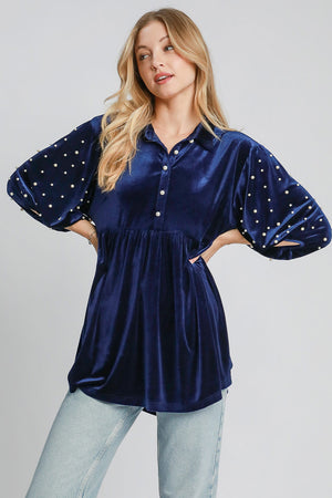 Umgee Pearl Detail Collared Neck Velvet Babydoll Blouse - SaltTree