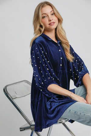 Umgee Pearl Detail Collared Neck Velvet Babydoll Blouse - SaltTree