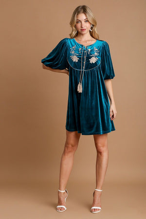 Umgee Embroidered Half Sleeve Velvet Mini Dress with Tassel - SaltTree