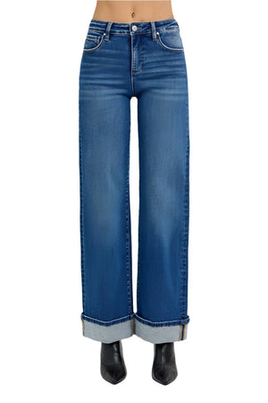 Risen Jeans - Tummy Control High Rise Cuffed Wide Jeans - PW21046 - SaltTree