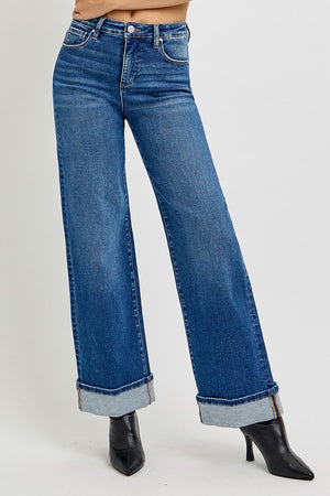 Risen Jeans - Tummy Control High Rise Cuffed Wide Jeans - PW21046 - SaltTree
