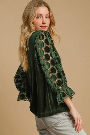Umgee Polka Dot Lace Long Sleeve Round Neck Blouse - SaltTree