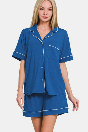 Zenana Button Down Short Sleeve Top and Shorts Lounge Set - SaltTree
