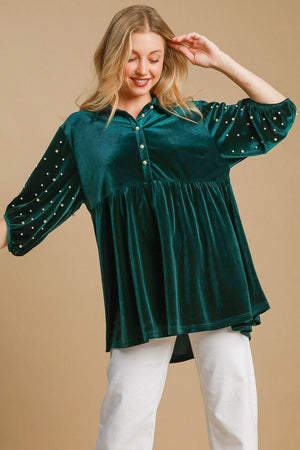 Umgee Pearl Detail Half Sleeve Velvet Babydoll Blouse - SaltTree