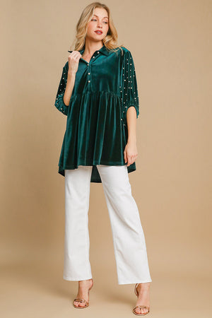 Umgee Pearl Detail Half Sleeve Velvet Babydoll Blouse - SaltTree