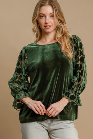 Umgee Polka Dot Lace Long Sleeve Round Neck Blouse - SaltTree
