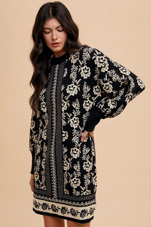 Annie Wear Floral Jacquard Round Neck Sweater Dress - SaltTree