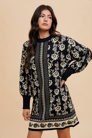 Annie Wear Floral Jacquard Round Neck Sweater Dress - SaltTree