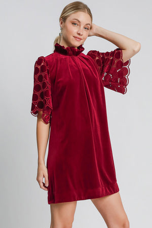 Umgee Dotted Lace Half Sleeve Mock Neck Back Tie Velvet Dress - SaltTree
