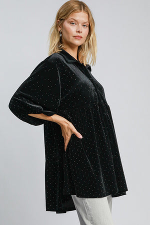 Umgee Full Size Polka Dot Button Up Half Sleeve Shirt - SaltTree