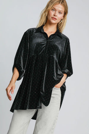 Umgee Full Size Polka Dot Button Up Half Sleeve Shirt - SaltTree