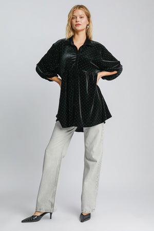 Umgee Full Size Polka Dot Button Up Half Sleeve Shirt - SaltTree