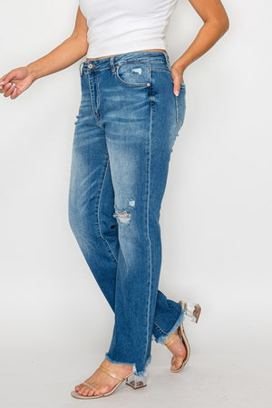 bytos Full Size Raw Hem Distressed Mid Rise Straight Jeans - SaltTree