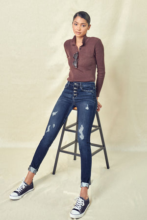Kancan - Women's Stretchy Five Pocket Distressed High Waist Jeans - ST - SaltTree