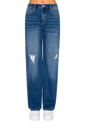 Wax Jeans - Women's High Waisted Distressed Straight Leg Denim - 90381