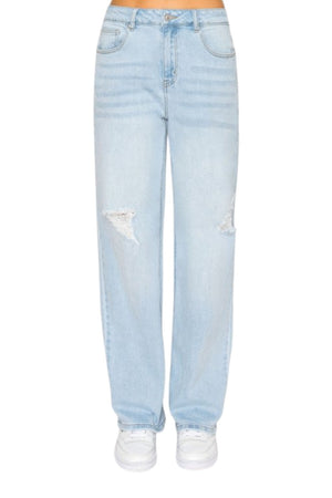 Wax Jeans - Women's High Waisted Distressed Straight Leg Denim - 90381