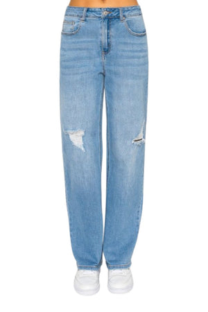 Wax Jeans - Women's High Waisted Distressed Straight Leg Denim - 90381