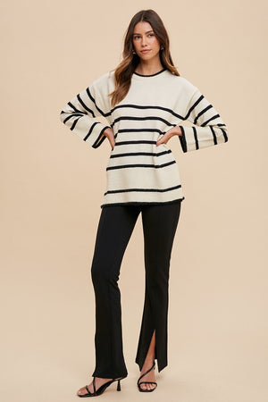 Annie Wear Side Slit Striped Round Neck Sweater - SaltTree
