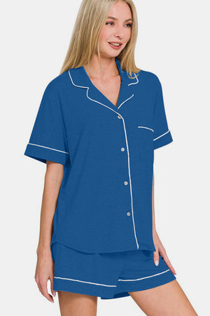 Zenana Button Down Short Sleeve Top and Shorts Lounge Set - SaltTree