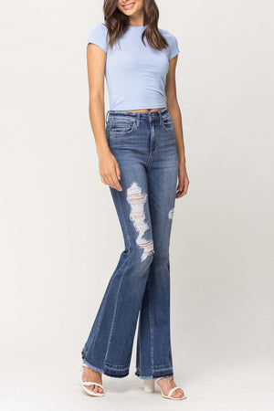 Flying Monkey - Farewell - High Rise Distressed Insert Panel Released Hem Flare Jeans - F4048A - SaltTree