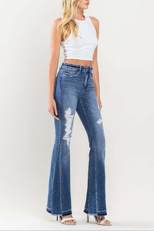 Flying Monkey - Farewell - High Rise Distressed Insert Panel Released Hem Flare Jeans - F4048 - SaltTree