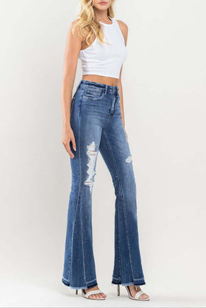 Flying Monkey - Farewell - High Rise Distressed Insert Panel Released Hem Flare Jeans - F4048 - SaltTree