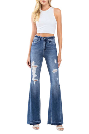 Flying Monkey - Farewell - High Rise Distressed Insert Panel Released Hem Flare Jeans - F4048 - SaltTree