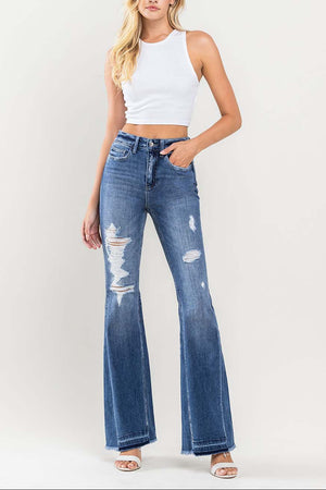 Flying Monkey - Farewell - High Rise Distressed Insert Panel Released Hem Flare Jeans - F4048 - SaltTree