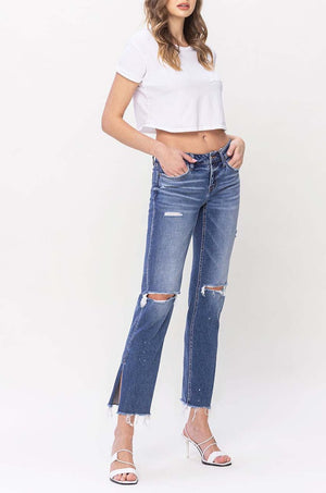Flying Monkey - Low Rise Distressed Straight Jeans With Paint Speckle Detail / Split Hem - F5218 - SaltTree