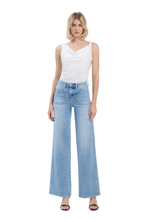 Flying Monkey - High Rise Light Wash Patch Pocket Wide Leg Jeans (33" Inseam) - F6058