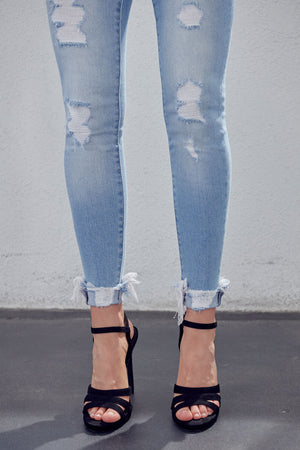 Kancan - Women's Mid-Rise Ankle Skinny Jeans with Destruction Detailing & Frayed Hem - kc7103m - SaltTree