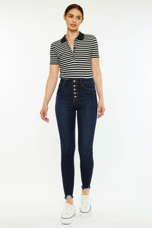Kancan - Women's High Rise Button Fly Distressed Super Skinny Jeans - kc7273 ST - SaltTree